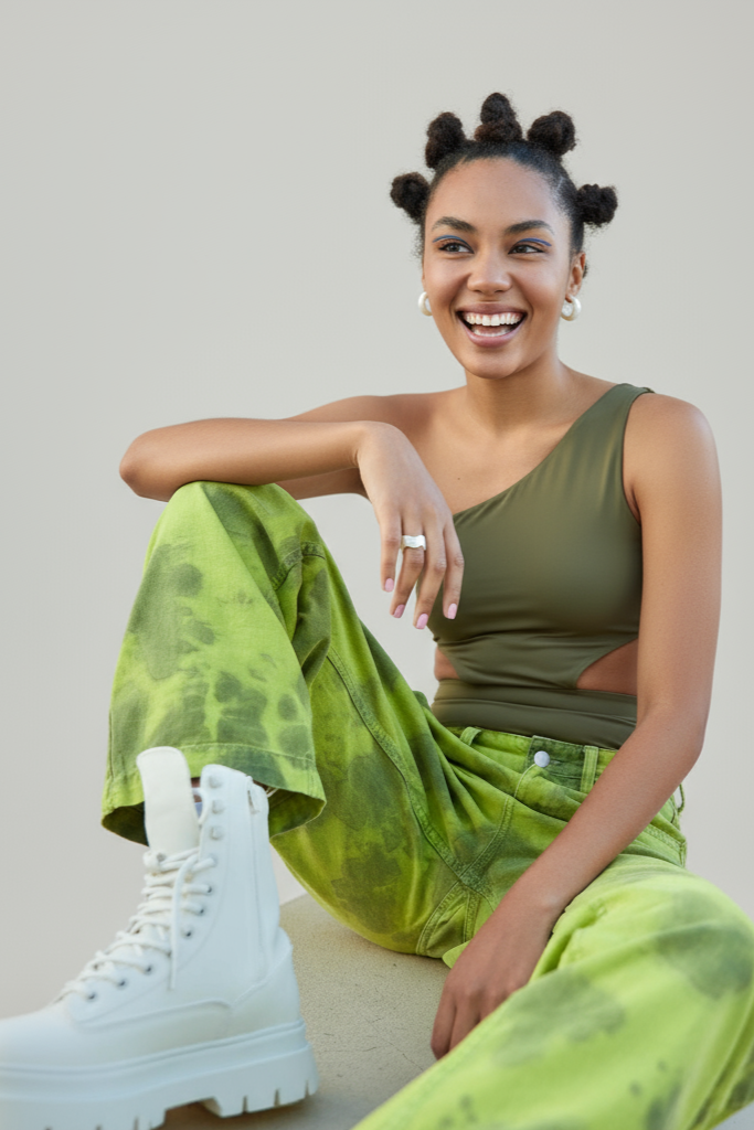 Woman wearing a green outfit with white boots on a plain background