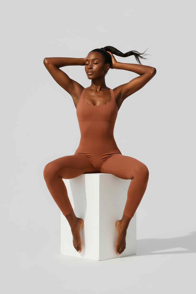 Woman wearing a brown bodysuit sitting on a white cube against a light gray background
