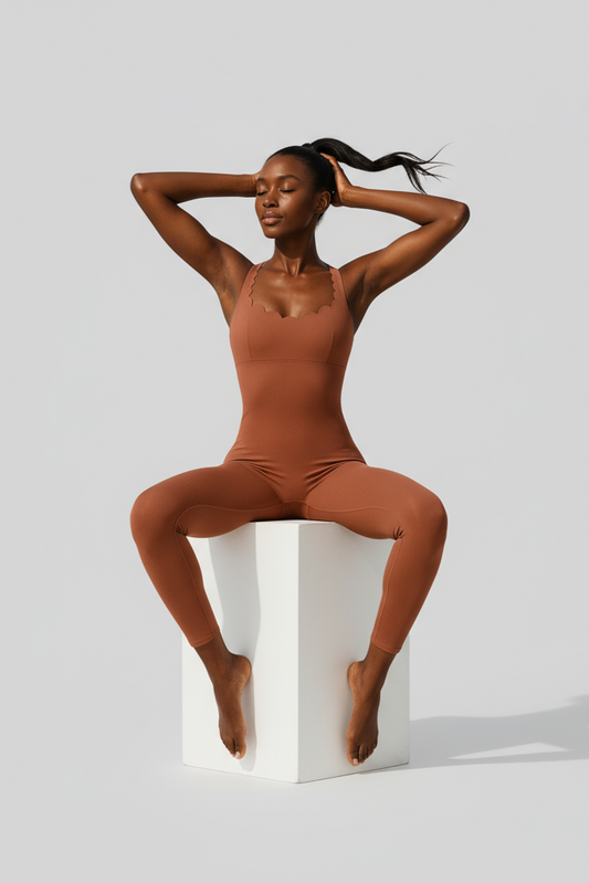 Woman wearing a brown bodysuit sitting on a white cube against a light gray background